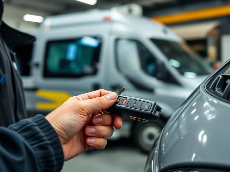 Professional automotive locksmith cutting car key with mobile service equipment in Toronto