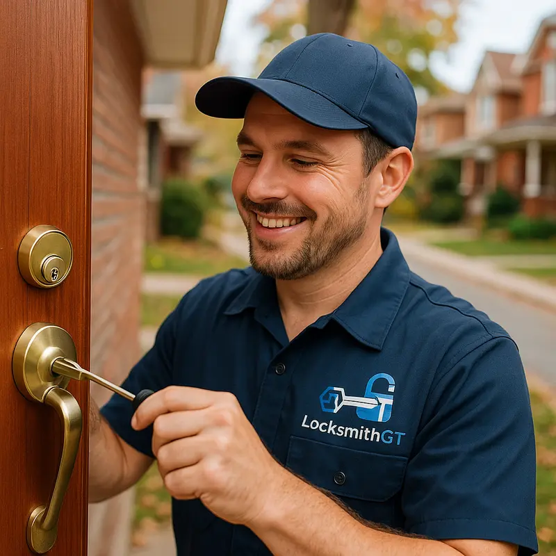 Locksmith in a LocksmithGT shirt and cap turning a key in a brass front door handleset on a street of brick houses