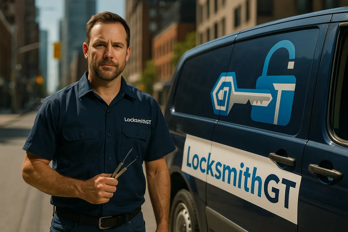 Locksmith holding lock picks beside a LocksmithGT service van on a downtown street