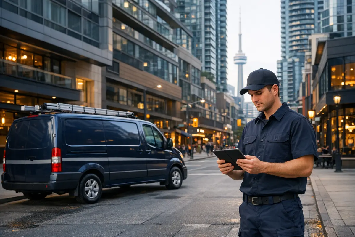 Locksmith checking job details on a tablet beside his van on a downtown Toronto street at dusk