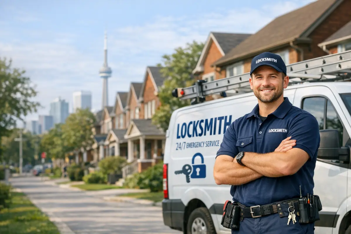 Locksmith standing beside a white locksmith van on a Toronto street lined with brick houses