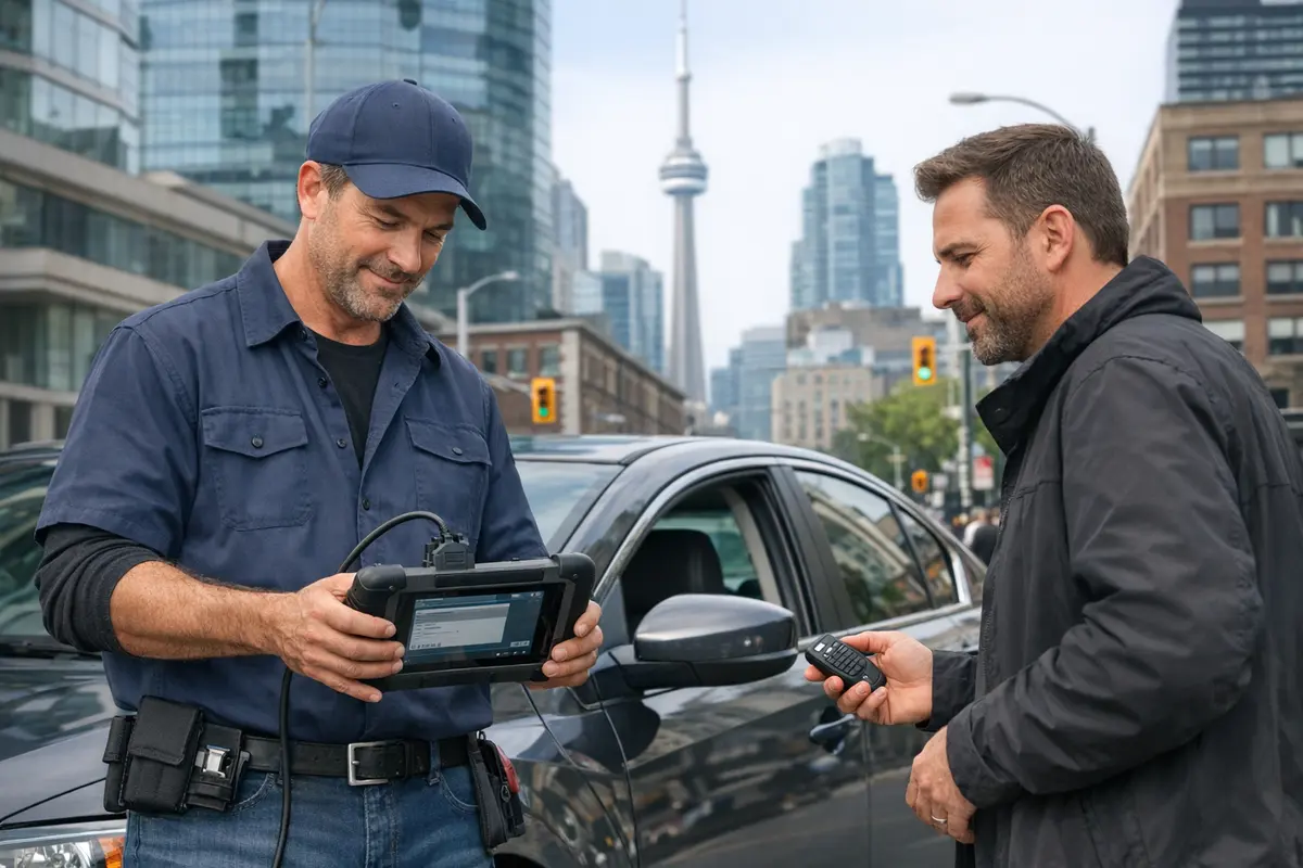 Locksmith checking a car key fob with a diagnostic tool next to a parked car in Toronto