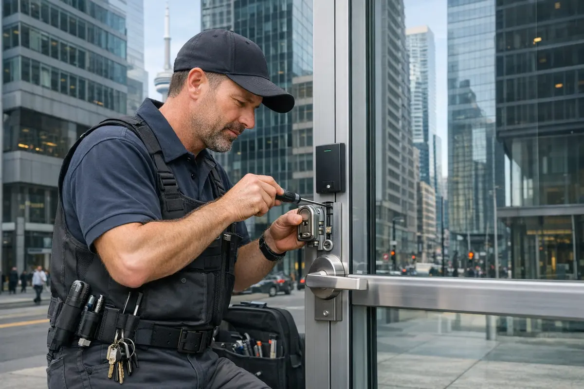 Locksmith working on the lock of a glass office door with downtown Toronto towers in the background