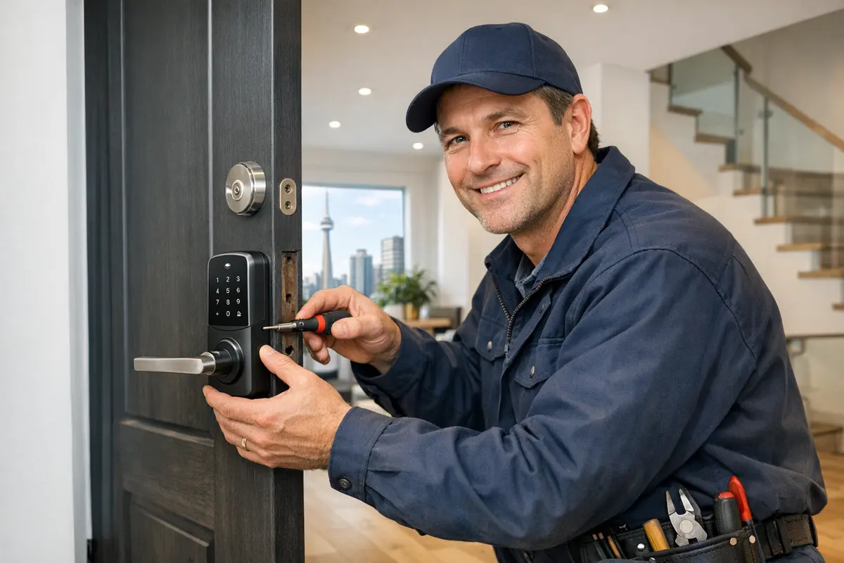 Locksmith installing a keypad smart lock on a dark front door inside a bright home