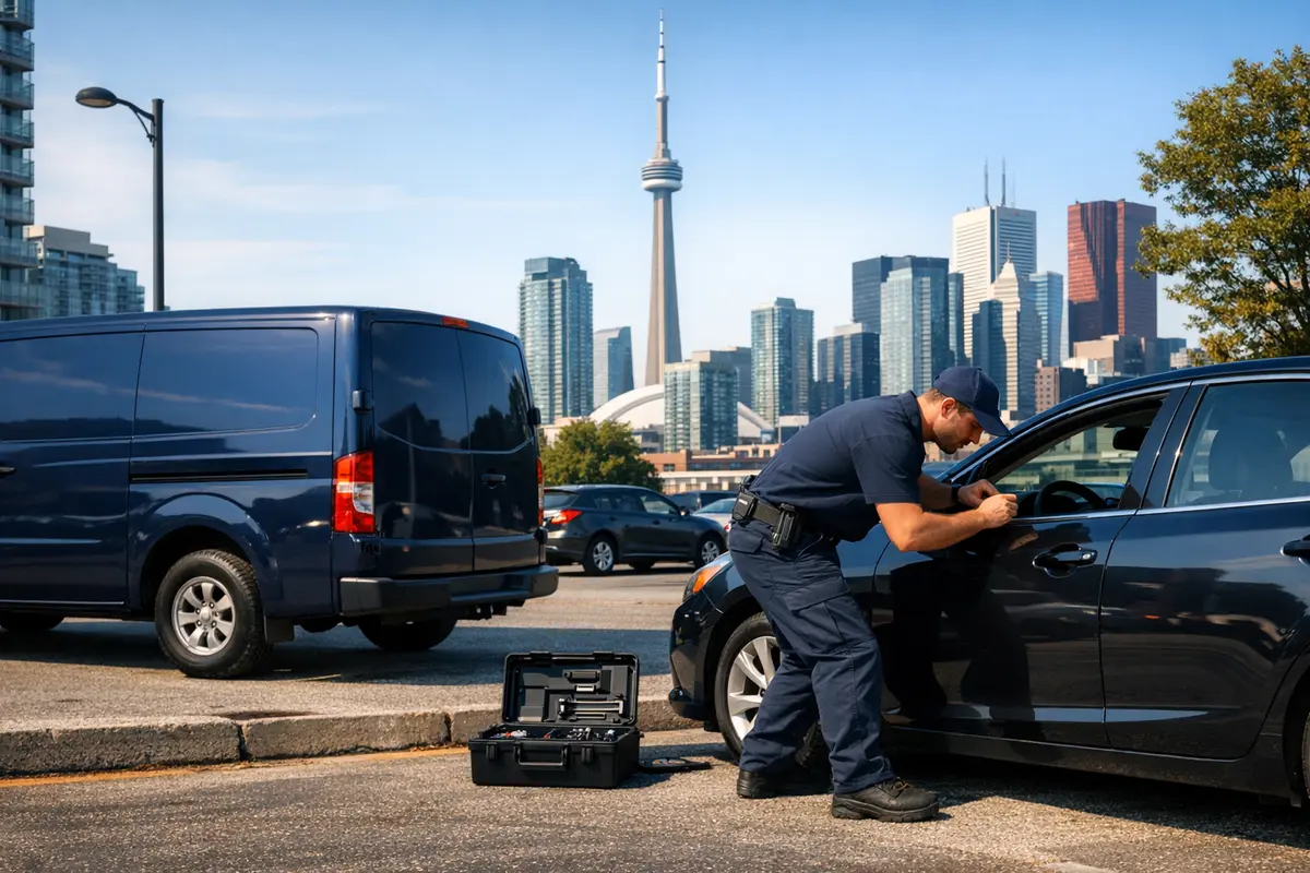 Locksmith opening a locked car door at the curb in Toronto with a service van parked behind and the CN Tower in the distance