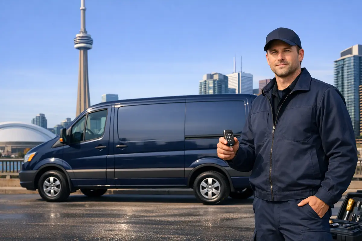 Car locksmith holding a key fob beside a dark service van on a Toronto street, with the CN Tower in the background