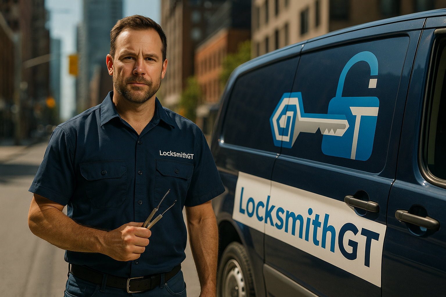 Professional LocksmithGT technician with tools and service van in Toronto
